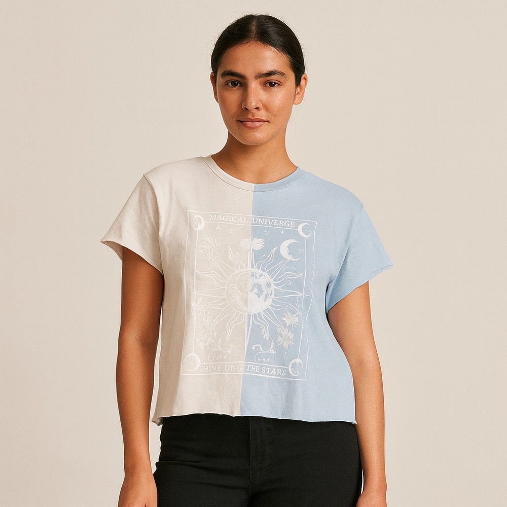 ✨ OG Magical Universe Crop Tee M 🌙 Organic Cotton Split-Dye Moon & Sun Shirt